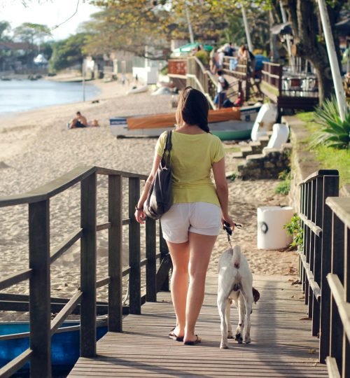 A woman and her dog enjoy a leisurely walk on a Florianópolis beach boardwalk during summer.